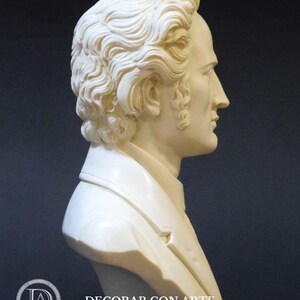 Puede incluir: Un busto de yeso blanco de un hombre con el pelo corto y rizado. El busto se ve de perfil, mostrando el perfil del hombre. El busto est&aacute; sobre una base negra.