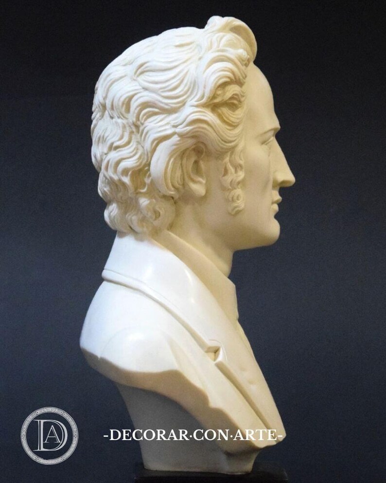 Puede incluir: Un busto de yeso blanco de un hombre con el pelo corto y rizado. El busto se ve de perfil, mostrando el perfil del hombre. El busto est&aacute; sobre una base negra.