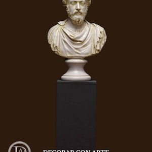 May include: A white marble bust of a man with a beard and curly hair, on a black pedestal. The bust is on a white base with a decorative design. The bust is a replica of a Roman emperor.