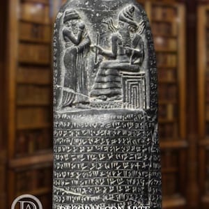 Può includere: Una stele di pietra grigio scuro con figure scolpite e scrittura cuneiforme. La parte superiore raffigura due figure, una seduta e una in piedi. La parte inferiore è ricoperta da file di testo. La stele ha una parte superiore arrotondata.