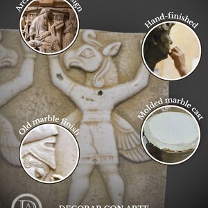 May include: A white plaster cast of a winged mythical creature with an old marble finish. The cast is hand-finished and inspired by archaeological design. The image also shows a close-up of the cast's details and a molded marble cast.