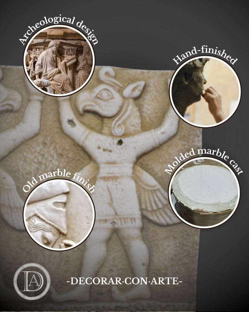 May include: A white plaster cast of a winged mythical creature with an old marble finish. The cast is hand-finished and inspired by archaeological design. The image also shows a close-up of the cast's details and a molded marble cast.