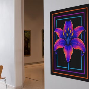 Lirio Eléctrico – Póster artístico de neón vibrante / Arte mural floral psicodélico / Decoración botánica geométrica / Estampado floral moderno