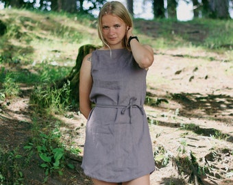 Short linen dress MARTA, Linen dress woman, Summer linen dress, Simple linen dress, Linen shift dress with belt, Natural linen tunic dress