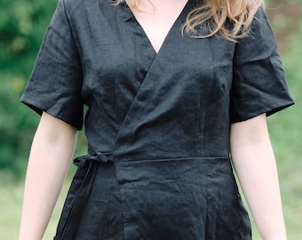 LISTO PARA ENVIAR Talla XL, Vestido largo cruzado de lino LELDE, Sin mangas, Cuello en V, Bolsillos con cinturón, Ropa de trabajo de verano