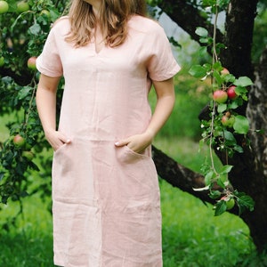 SALE / READY s l size, V-neck linen dress DIANA, Loose linen dress, Linen summer dress with front pockets, Handmade dress