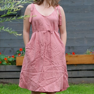 Linen dress with decorative straps SIGNE, Linen strap dress with belt, Midi dress for woman, Linen summer Romantic dress, Linen v-neck dress