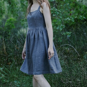 Wide strap sleeveless dress PATRICIJA, Linen strap dress, Midi length dress for woman, Linen summer slip dress, Apron dress for women