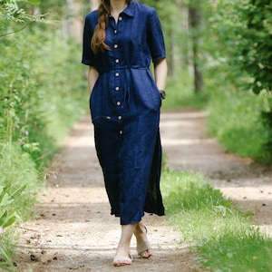 SALE / READY s size, Linen shirt dress GRIETA, Collared linen shirt dress, Short sleeve linen dress with pockets,Breastfeeding linen dress