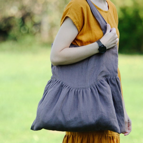 Natural Linen Sunday Bag, Linen Tote Bag, Ruffle Linen Bag, Shoulder Bag, Linen Tote, Linen Shopping Bag, Linen Market Bag, Ruffled Bag