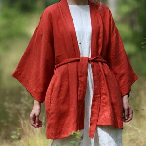 Linen Jacket for Women KRISTA, Linen Coat, Oversized Linen Jacket, Linen Cardigan, Linen Kimono Jacket, Oversize Linen Jacket, Red Jacket image 2