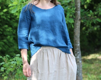 Linnen blouse KEITA, top met 3/4-mouwen boothals, relaxte vrijetijdskleding