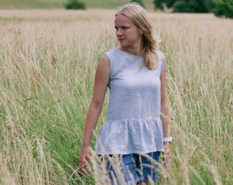 Linen sleeveless ruffle top OLIVIJA, Linen woman top, Linen blouse, Natural linen top, Elegant linen top, Sustainable linen clothing