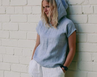 READY to Ship L size, Hooded linen top MIJA, Linen hoodie, Linen casual top, Hooded shirt for women