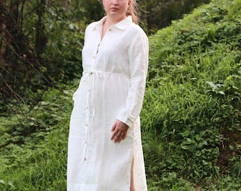 Linen Shirt Dress ELIZABETE, Long Sleeve Collared Dress with Pockets