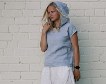 Hooded linen top MIJA, Linen hoodie, Linen casual top, Hooded shirt for women, Natural hooded linen shirt, Beach Linen short sleeve hoodie