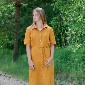 Linen shirt dress GRIETA, Collared linen shirt dress, Short sleeve linen dress with pockets, Breastfeeding linen dress,Maternity linen dress