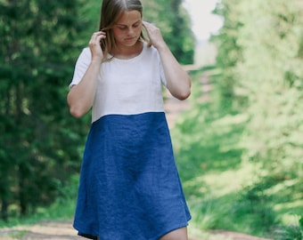 READY to Ship M size, Linen Skater Dress ADELE, Two Tone Short Sleeve, Natural Fabric