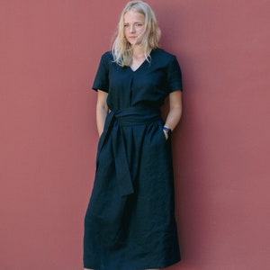 100% Linen dress SOFIJA, Long linen dress, Dress with short sleeves, Boho linen dress with belt, Black summer dress, Linen sides slit dress