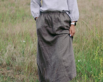 Długa spódnica lniana ELZA, Spódnica lniana, Spódnica maxi z lnu, Spódnica lniana boho, Spódnica damska, Spódnica letnia z lnu, Spódnica plisowana, Odzież lniana