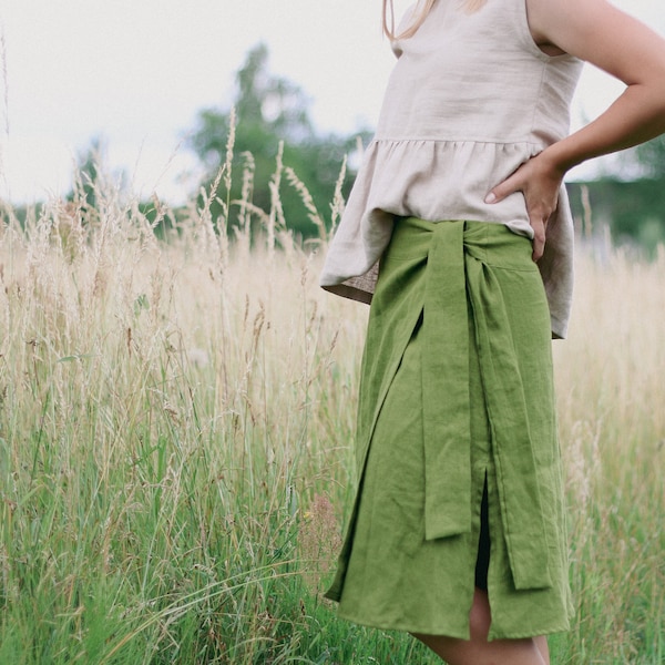 Jupe portefeuille en lin LAURA, jupe midi en lin, jupe portefeuille naturelle, jupe taille haute, jupe en lin femme naturelle, jupe en lin femme, cadeau pour elle