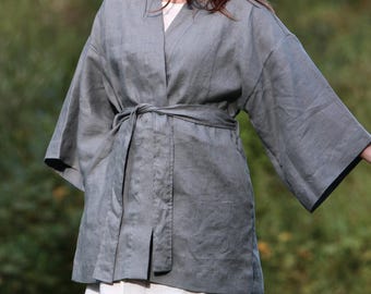 Linen Kimono Robe KRISTA, Women Lounge-wear, Softened Short Robe