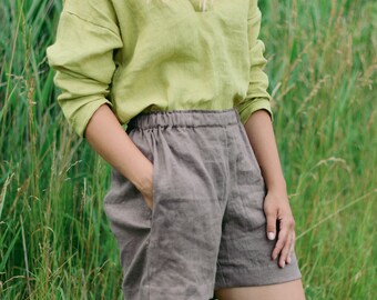 Womens linen shorts MARKS, 100% linen shorts, Short Linen summer shorts, Women linen shorts pockets, Natural organic shorts, Beach shorts