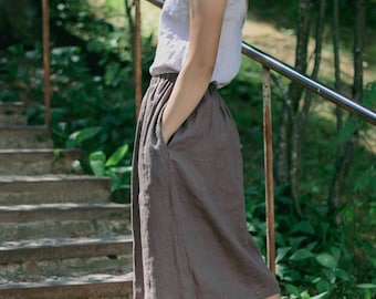 Linen Midi Skirt EMMA, Boho A-Line Skirt with Pockets