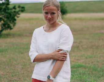 Linen blouse KEITA, Linen top, Loose linen blouse, Linen top with 3/4 sleeve, Women&#39;s linen blouses, Linen half sleeve blouse, Casual blouse