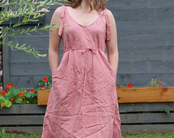 Linen dress with decorative straps SIGNE, Linen strap dress with belt, Midi dress for woman, Linen summer Romantic dress, Linen v-neck dress