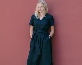 100% Linen Maxi Dress SOFIJA, Short Sleeve Black Dress with Belt
