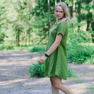 Linen skater dress ANETE, Natural linen dress, Short sleeve linen dress, Natural skater dress, Linen slip skater dress, Linen midi dress