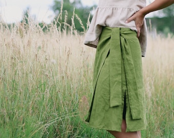 Jupe portefeuille en lin LAURA, jupe midi en lin, jupe portefeuille naturelle, jupe taille haute, jupe en lin femme naturelle, jupe en lin femme, cadeau pour elle