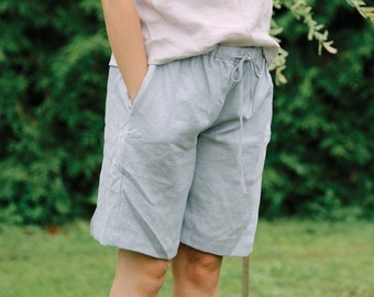 Long linen shorts ARTURS, Linen shorts, Linen mom shorts, Loose linen elastic waist shorts, Summer linen shorts for women, More coverage