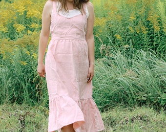 Cross back linen apron dress REICELA, Linen Pinafore Dress, Long linen dress, Romantic apron dress, Linen dress with Pockets, Linen dress