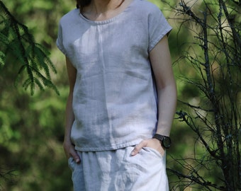 Leinenhemd LAUMA, Leinen Top, Leinen Kurzarm Top, Basic Leinenbluse, Leinen Casual Top für Frau, Sommer Leinenbluse, Reines Leinen Top