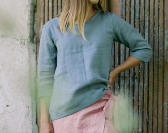 READY to Ship S M L size, Linen Blouse KEITA, Relaxed Fit, 3/4 Sleeve Top, Boat Neck, Softened Linen