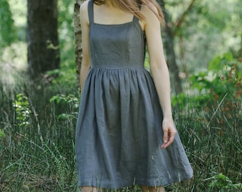 Linen Midi Dress PATRICIJA, Square Neck, Wide Strap, Ruffled Waist, Summer Apron Dress