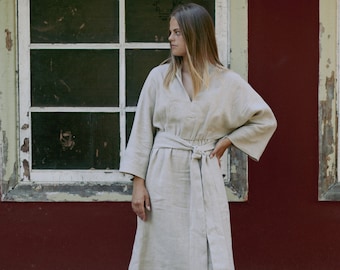 Long sleeve linen dress ALISE, Linen midi dress, Belted linen dress, Washed linen dress, Autumn linen dress,Natural linen dress long sleeves