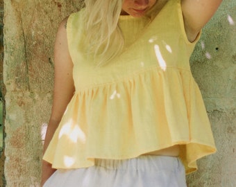 Leinen kurzes Rüschentop NORA, Leinen Crop Top, Leinen Crop Tank Top, Leinen Rüschenbluse, Leinen ärmelloses Top, Natur inen Top, Frauen Top