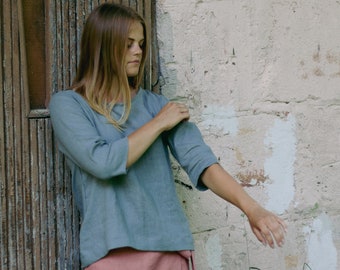 Linen blouse KEITA, Linen top, Loose linen blouse, Linen top with 3/4 sleeve, Women&#39;s linen blouses, Linen half sleeve blouse, Casual blouse
