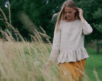 Linen long sleeve ruffle top KARLINA, Linen blouse, Linen top with long sleeve, Romantic ruffle linen blouse, Long sleeves top, Organic top