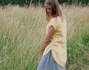 SALE / READY s size, Linen tunic top SABINE, Women Linen Top, Longer Back Linen Top, Loose Tunic, Short Sleeve Linen Top, Bohemian Clothing