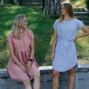 Linen tunic dress LAILA, Longer back linen dress with belt, Shirt dress for woman, Short sleeve linen dress, Casual linen dress with splits