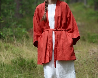 Leinenjacke für Frauen KRISTA, Leinenmantel, Oversize Leinenjacke, Leinen Strickjacke, Leinen Kimono Jacke, Oversize Leinenjacke, Rote Jacke