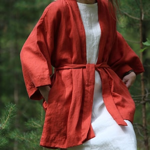 Linen Jacket for Women KRISTA, Linen Coat, Oversized Linen Jacket, Linen Cardigan, Linen Kimono Jacket, Oversize Linen Jacket, Red Jacket image 9