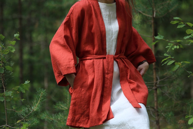 Linen Jacket for Women KRISTA, Linen Coat, Oversized Linen Jacket, Linen Cardigan, Linen Kimono Jacket, Oversize Linen Jacket, Red Jacket image 9