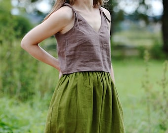 READY to Ship S size, Linen crop cami top MELANIJA, Spaghetti straps top, Cropped top, Camisole top with ties