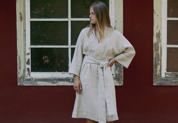 Long Sleeve Linen Dress ALISE, Linen Midi Dress, Belted Linen Dress, Washed Linen Dress, Autumn Linen Dress,Natural Linen Dress Long Sleeves