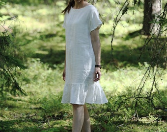 Linen ruffle dress VIKTORIJA, Linen dress, Party linen dress, Short sleeve dress, Midi linen dress, Linen clothing, Bohemian linen dress